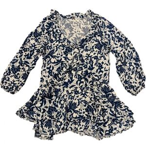 Free People Rebecca Blue White Floral Ruffle Mini Shift Dress Medium